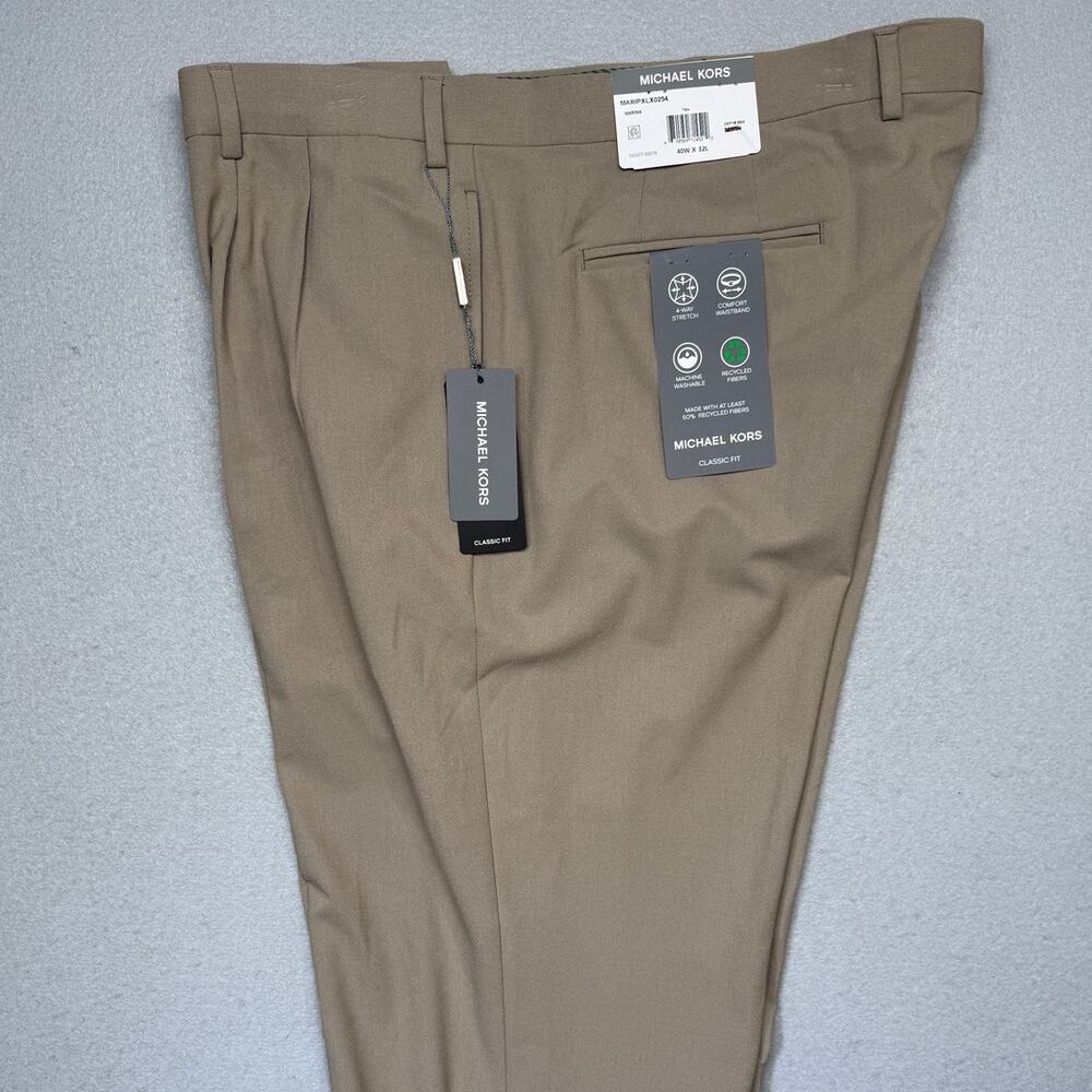 Michael Kors Men's Pleated Solid Classic Fit Pants Tan 40x32 $95